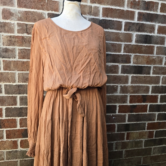 Baltic Born Boho Maxi Dress 3XL Tan Rust Tie Waist Long Sleeve Tiered Cottagecor - Picture 3 of 12